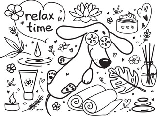 Cute Dachshund dog at the Spa. Relax Time doodle black and white vector set