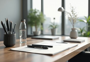 minimalist workspace organized stationery layout clean design focused productivity elements modern aesthetic, desk, organization, decor, tools, pens, paper, notebook