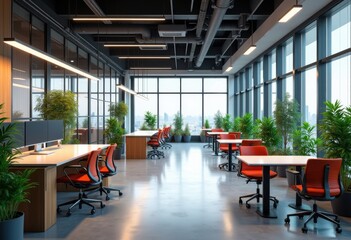 modern workspace layout innovative design elements futuristic office ergonomics collaborative areas aesthetic arrangement productivity focused, furniture