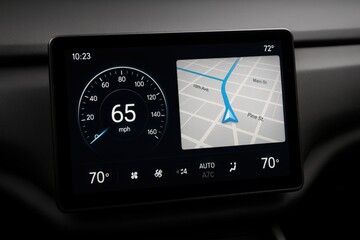 Car dashboard display with speedometer and GPS navigation.
