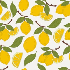 Seamless pattern with whole lemons, slices, green leaves, and branches on a white background. Fresh citrus fruit design in flat vector style.