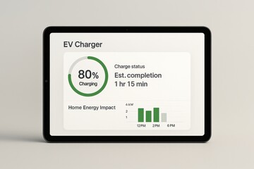Tablet displaying EV charger interface with status and energy impact chart.