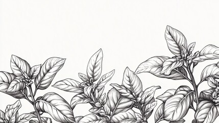 illustration of basil leaves, inked with fine liner on smooth white paper, high detail