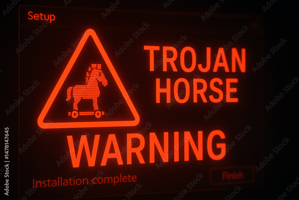 Poster a warning sign displaying a trojan horse image, emphasizing cybersecurity threats. bright red color 