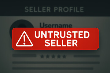 An untrusted seller warning alert in a digital marketplace, highlighting the need for vigilance in online shopping to avoid scams and fraud.