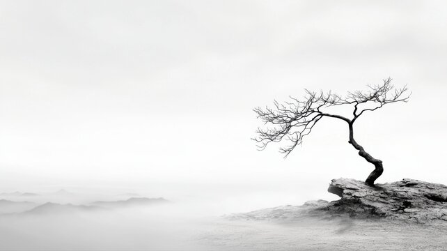 Solitary Bare Tree on Rocky Cliff in Misty Grayscale Landscape landscape tree cliff misty grayscale