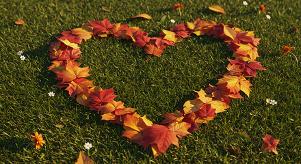 Heart shape made of autumn leaves on green grass background  