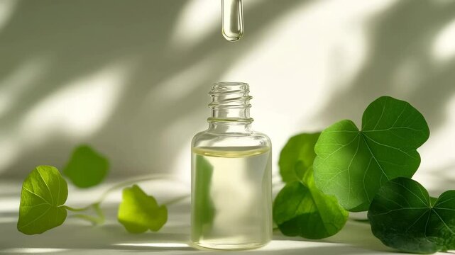 Transparent dropper bottle with centella  serum dropping from pipette, plant based cosmetics concept
