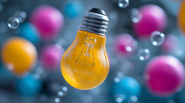 Schwebende leuchtende Gl&uuml;hbirne umgeben von schillernden Seifenblasen vor dunklem Hintergrund mit Bokeh-Effekt.