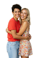 Naklejka premium Two joyful young adult women, one with short dark curly hair and the other with blonde wavy hair, share a loving embrace and smile happily, isolated against a transparent background.