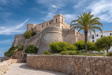 Naklejka premium Coastal Castle: Sunlit Stone Walls, Palm Trees, and Mediterranean Charm