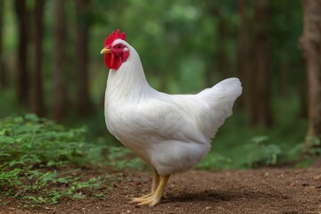 Fototapeta premium White Chicken in Serene Forest: A Peaceful Poultry Portrait