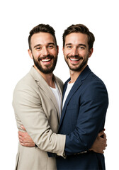Two smiling Caucasian men in smart blazers embracing warmly, possibly a gay couple or very close lookalike friends, posing happily against a transparent background.