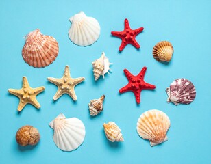 summer sea vacation background seashells on light blue background top view
