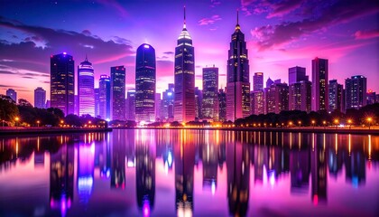 stunning night cityscape skyline reflection purple pink art view urban water scene image photo