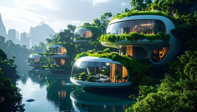 futuristic eco floating homes green architecture design modern buildings 3d art city house water