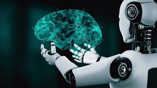 AI hominoid robot holding virtual hologram screen showing concept of AI brain and artificial intelligence thinking by machine learning process. 3D rendering.