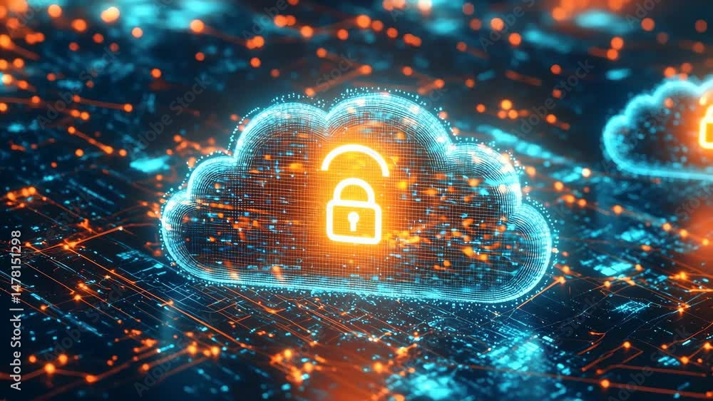 Aufkleber cloud computing security concept with locked padlock icon on digital cloud above digital circuit boa