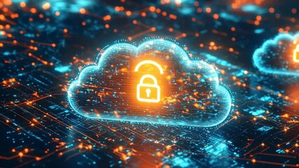Cloud computing security concept with locked padlock icon on digital cloud above digital circuit board - Powered by Adobe