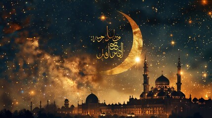 Eid mubarak ramadan kareem: islamic mosque and crescent moon image silhouette
