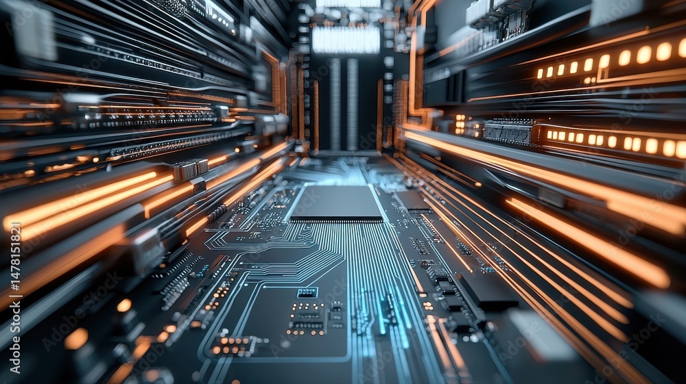 Aufkleber high-speed digital network on futuristic circuit board digital network futuristic technology chip ai
