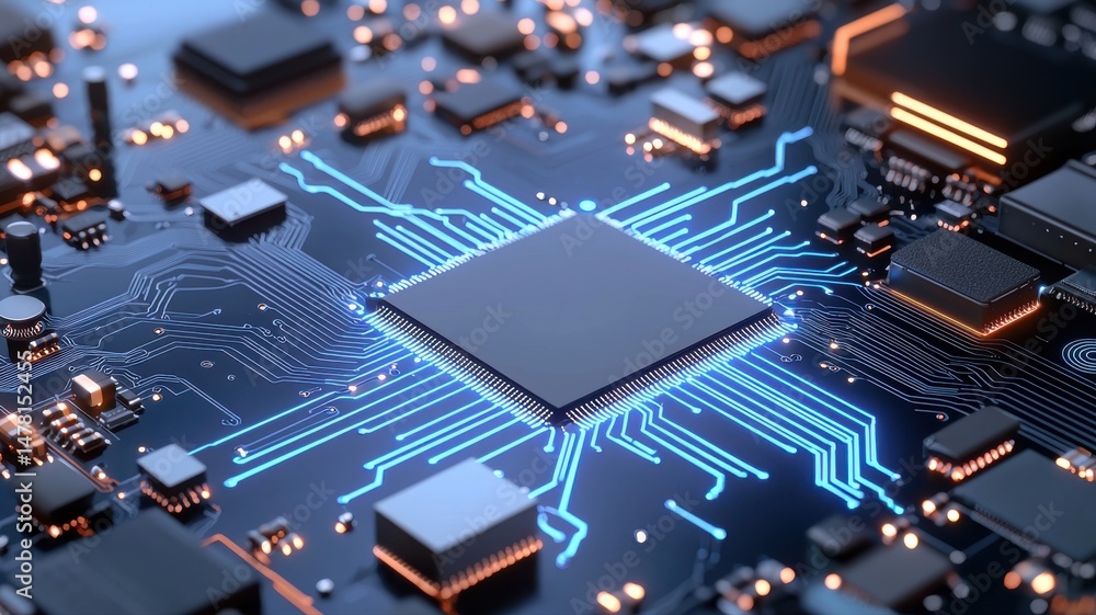 Poster futuristic computer chip on circuit board with glowing connections computer chip futuristic board ai