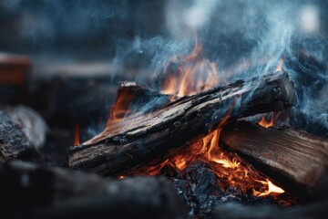 Burning Wood in a Campfire with Smoke