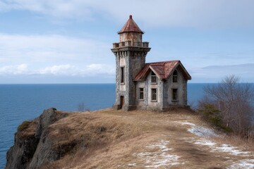 Stone Lighthouse on Coastal Cliff: A Rustic Seascape