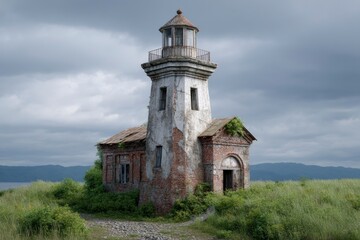 Fototapeta premium Ruined Coastal Lighthouse: A Weathered Brick and Stone Structure