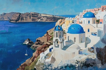 Fototapeta premium Santorini Greece Oil Painting, Whitewashed Buildings, Blue Domes, Aegean Sea View