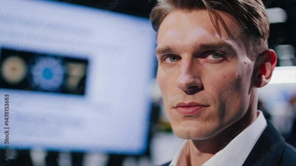 Poster man in suit focuses on digital data display in modern office during business meeting