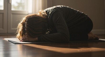 Sleepy person practicing yoga in early morning light, resting on a mat with a serene atmosphere