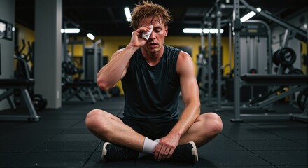 Exhausted individual wiping sweat while sitting on gym floor after an intense workout session