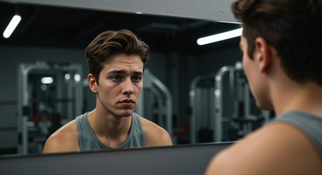 Young man looking at his reflection in the gym mirror, expressing sadness and contemplation about his body image
