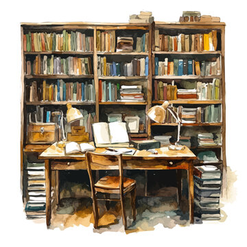 watercolor library desk books shelves clip art preview
