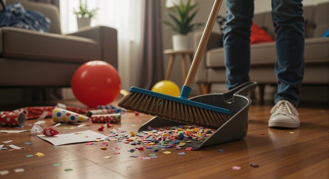 Person cleaning up colorful confetti and party decorations after a graduation celebration in a cozy living room