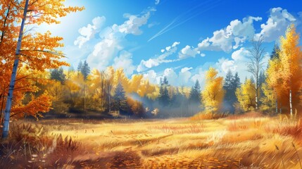 Fototapeta premium Wonderful landscape during autumn, sunny rural panoramic view. Countryside scenery. Typical autumn colors. Wonderful landscape during fall season, typical orange, brown automn colors. Tranquil scenery