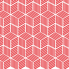seamless geometric pattern with triangles, illusion of three-dimensional cubes or blocks, repeating striped parallelograms in red and white, isometric cube pattern or a tessellation of cubes.