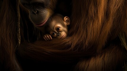 Baby Orangutan Clinging to Mother in Lush Tropical Rainforest