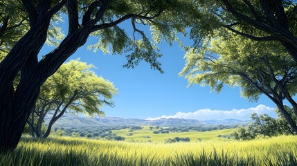 A bright day captured with Albizia Lebbeck trees framing a clear blue sky with a whimsical twist