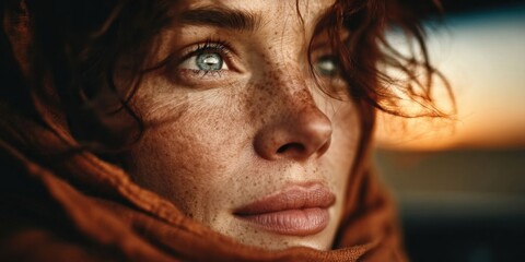 Happy Woman on Summer Road Trip Leaning Out Car Window with Scenic Sunset Background