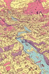 Obraz premium Vibrant Cityscape Illustration: Explore Whimsical Digital Art with a Colorful Urban View and Surreal River Patterns