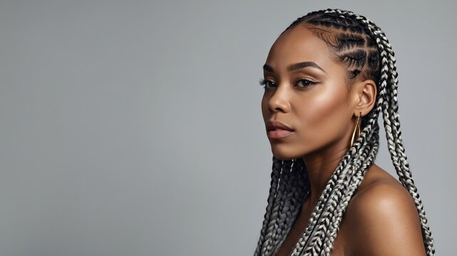 Retrato de una atractiva mujer negra con peinado de trenzas largo y fondo neutro gris