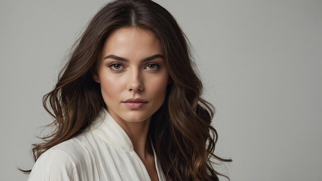 Retrato de una mujer con cabello largo y ondulado casta&ntilde;o, resaltando su belleza natural y estilo elegante en un fondo neutro, ideal para publicidad y campa&ntilde;as de moda y cuidado capilar