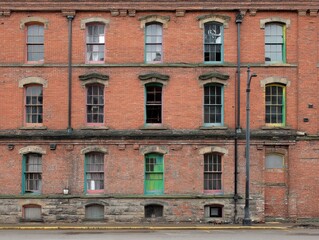 Obraz premium Historic Red Brick Factory Building Exterior with Urban Decay in a Big City