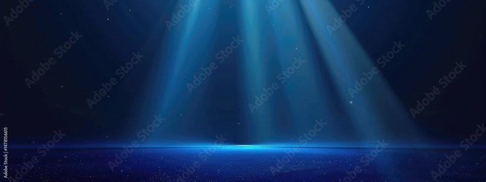 Poster blue gradient background with spotlight, glowing light rays and empty space for product presentation