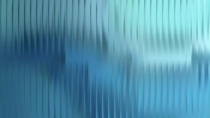 Ribbed glass background blue with abstract reed pattern. Premium glass line texture with blur light on wave plastic window. Ribbed polycarbonate wall with fluted vertical ribs.