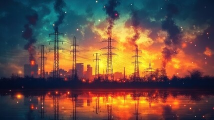 Fototapeta premium Vibrant sunset over urban landscape with power lines and smoky sky