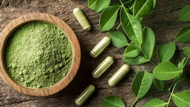 Moringa powder in wooden bowl and capsules with fresh moringa leaves on rustic table
