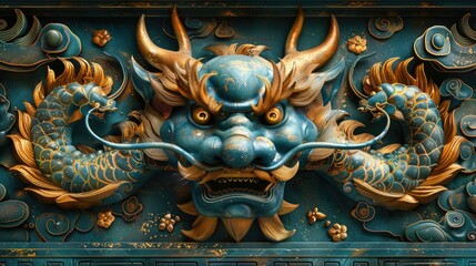 Fototapeta premium Blue, green and black patterned background, traditional Chinese god of wealth and fairy pattern, oriental zen